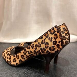 Victor Alfaro Genuine Leather and Pony Hair Leopard Print Peep Toe Heels